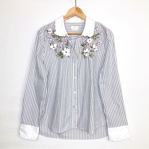 Kate Spade, striped embroidered ruffle collar and cuffs button down shirt - Picture 1 of 11